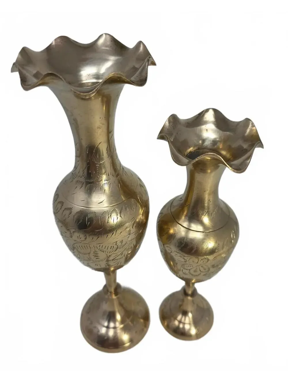 Vintage Indian Brass Vases Set of 4 Etched Floral Graduated Ruffled Rim